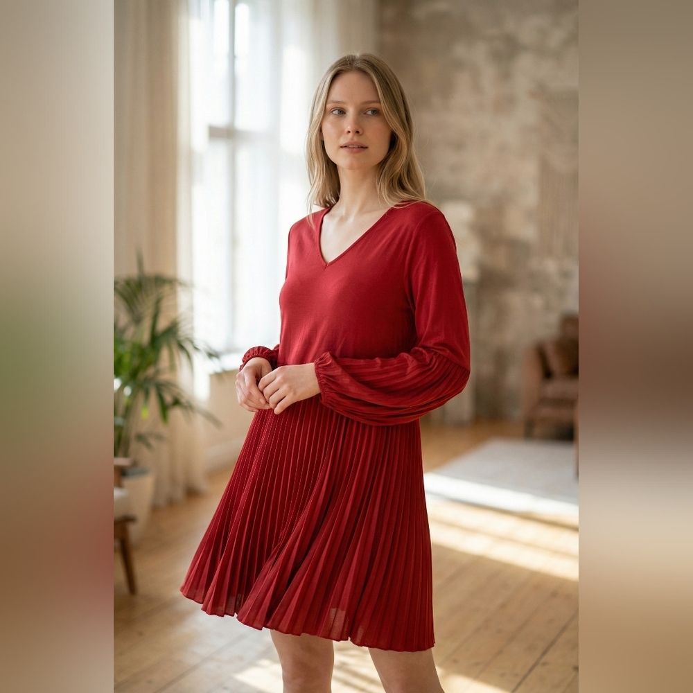 SHEIN Elegant Red Pleated Long Sleeve Dress